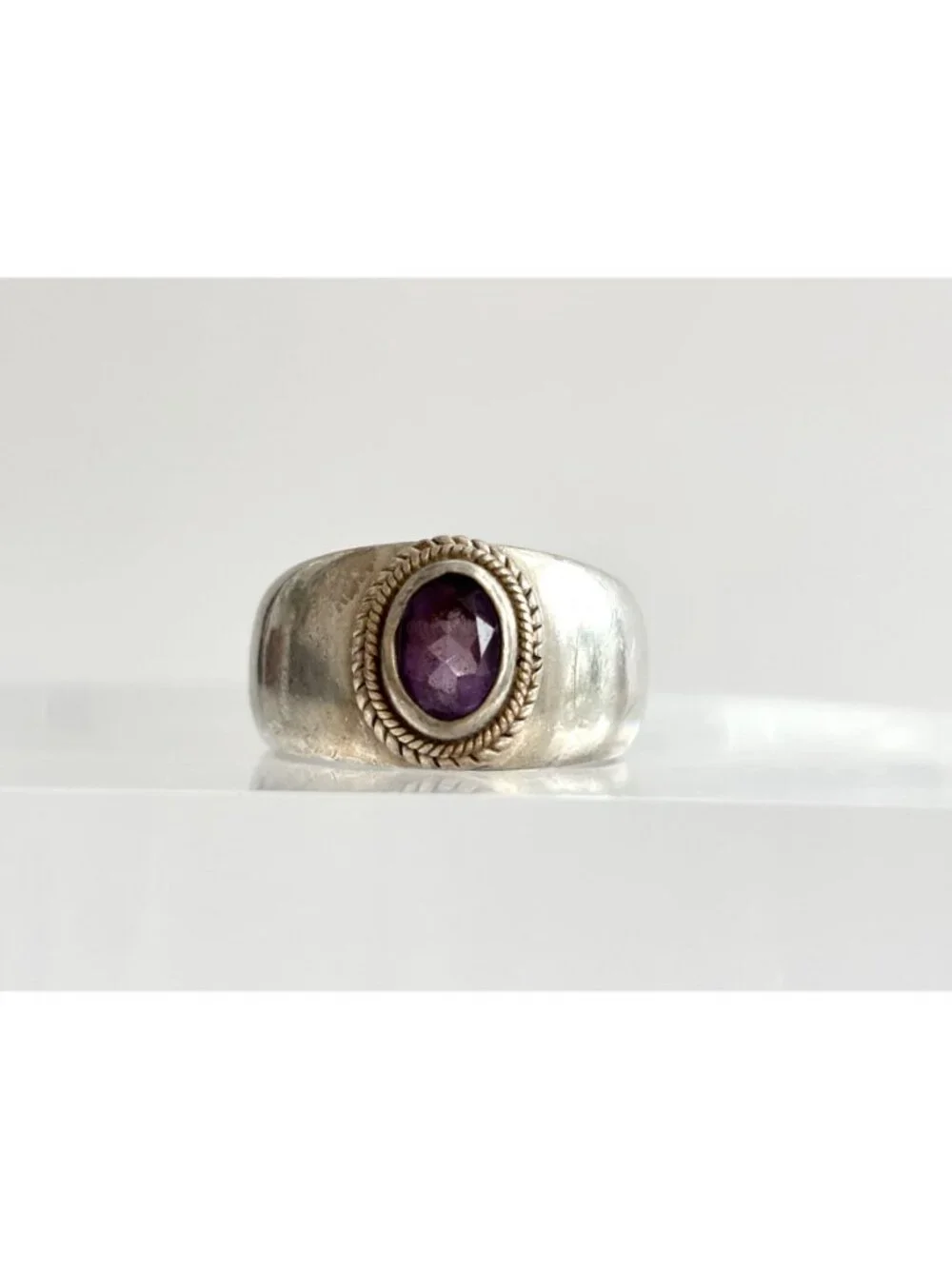 Solitaire Amethyst Gemstone Rope Framed Sterling Silver 925 Vintage Ring sz 7.5
